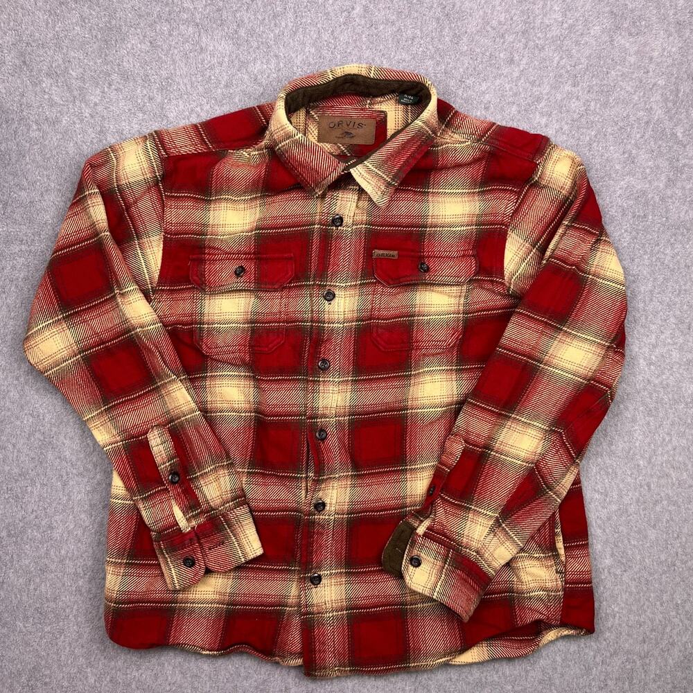 Orvis Button-Up Shirt Men's XL Red Cotton Flannel Plaid Long Sleeve